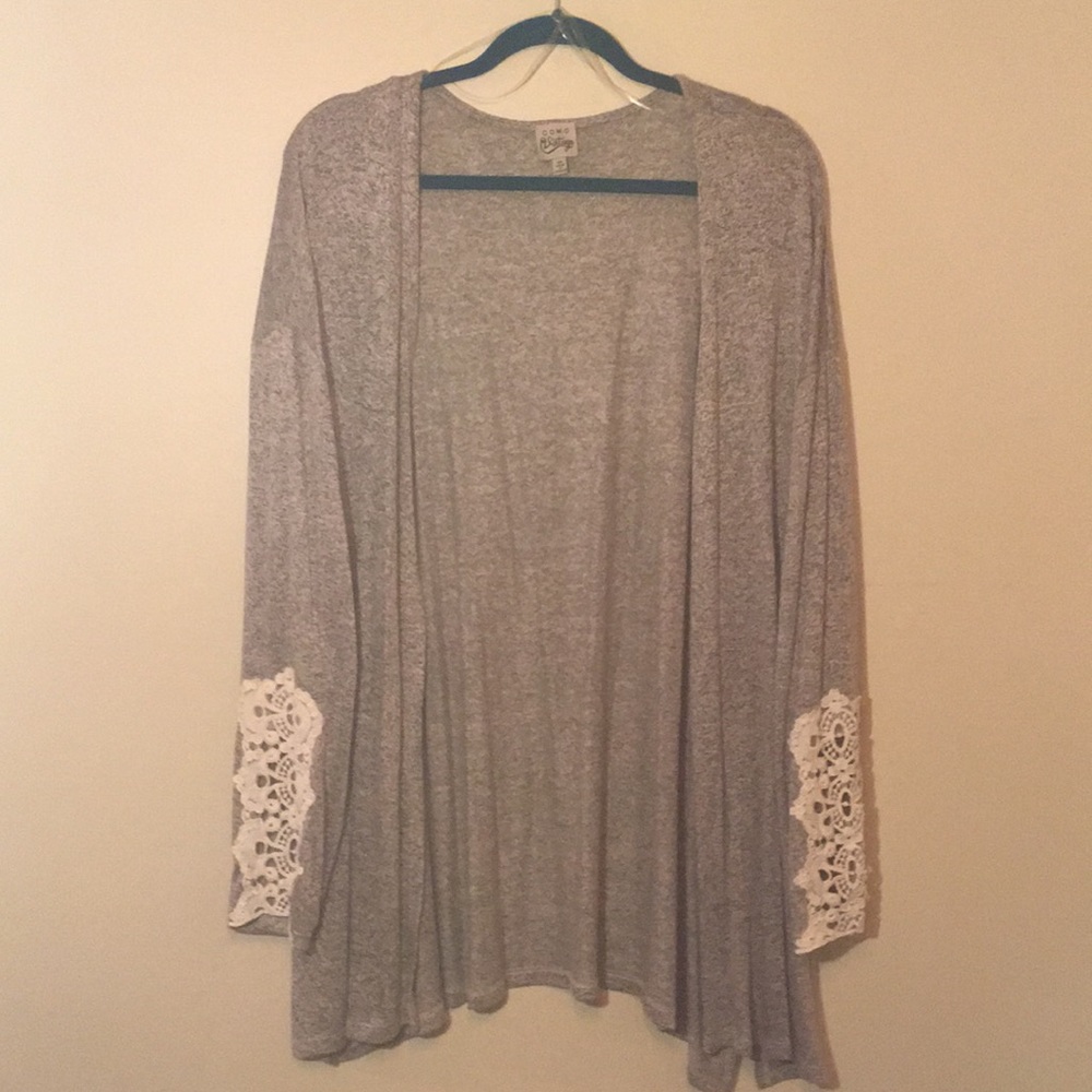Gray Cardigan with Crocheted Sleeve Accents
